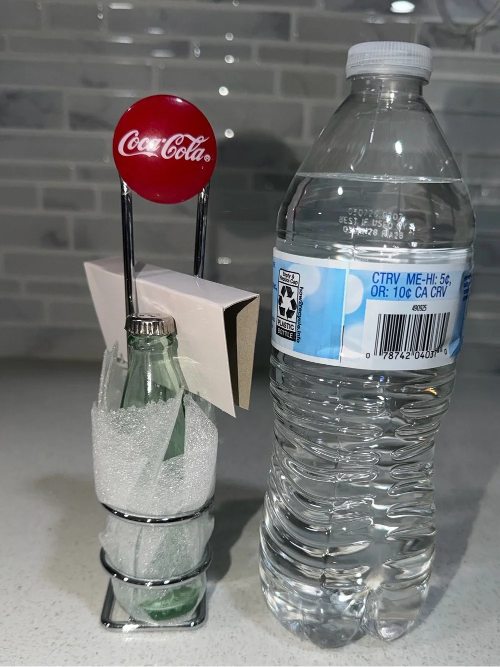 Coca Cola Green Glass Bottle Salt & Pepper Shakers with Chrome Rack